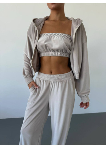 Бежева демісезонна костюм трійка трикотаж велюр,топ,кофта на штани Україна