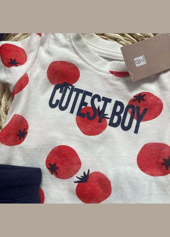 Білий літній костюм комплект трійка футболка, шорти, слинявчик дитячий на хлопчика 50-56 см (0-2 міс) білий, червоний, синій Lupilu