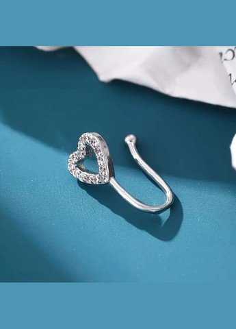 Сережка для пірсингу носа сережка в ніс без пробивання кліпса Серце з білими кристалами мідь срібляста Liresmina Jewelry (315145125)