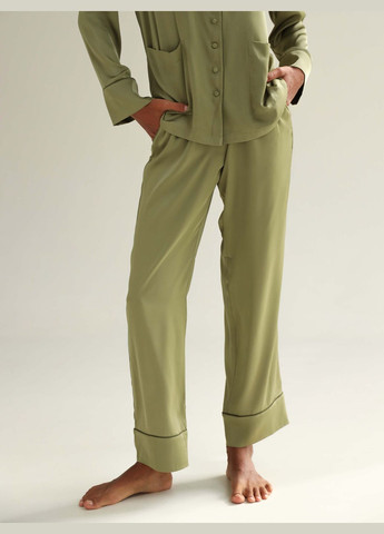 Оливкова всесезон піжамний костюм шовковий однотонний, кофта та штани рубашка + брюки German Volf