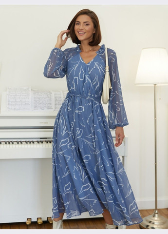 Блакитна святковий довга сукня-кльош з принтом блакитна кльош Dressa