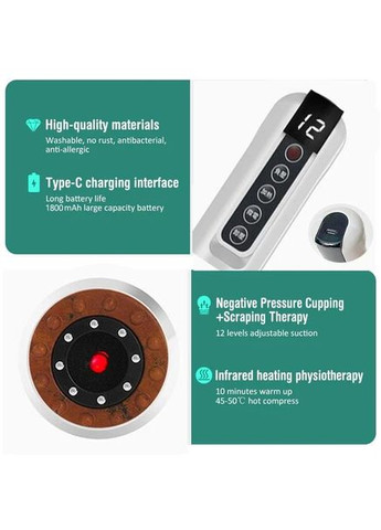 Вакуумный массажер для тела с инфракрасным нагревом и микротоками, 12 режимов, беспроводной, антицеллюлитный (белый) China (370847939)