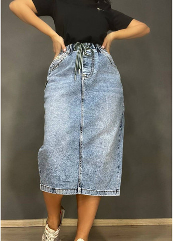 Спідниця жіноча джинсова ZJY 67501 талія на резинці зі шнурком нижче коліна розріз позаду блакитна No Brand (322948911)