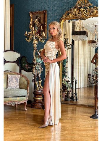 Бежева вечірня сукня блиск розріз 24057 бежева Tanita-Romario