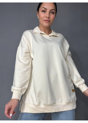 Молочный свитшот женский my city 8054 удлиненный с воротничком разрезы по бокам оверсайз 48 (316160111)