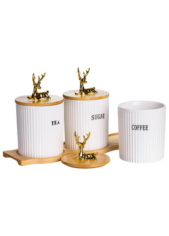 Набір порцелянових банок для сипучіх на бамбуковій підставці 3 шт. по 400 мл для чаю кави цукру SCT-652 Yiwu (370707000)