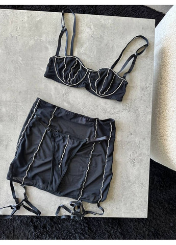 Чорний балконет комплект жіночого білизни | з спідницею та ремінцями, чорний Vital-Textile без кісточок поліестер, еластан