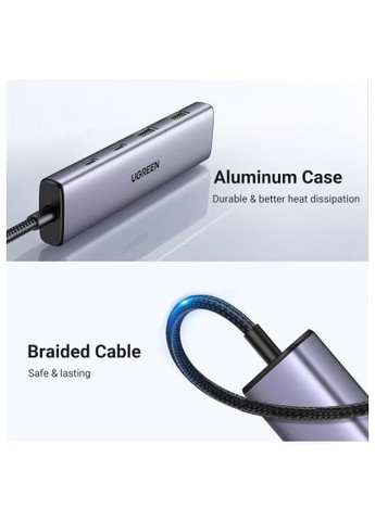 Концентратор (15395) Ugreen USB-C to 2xUSB 3.0 + 2xUSB-C CM473 gray (366694261)