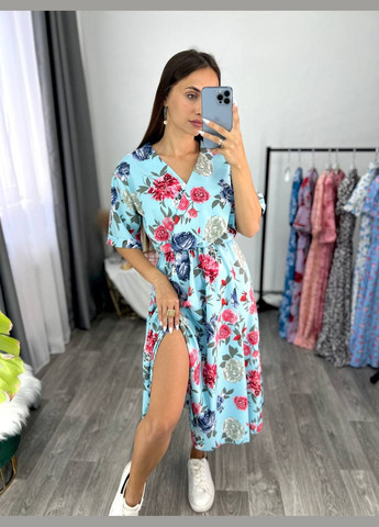 Голубое повседневный, вечернее, пляжное, кэжуал женское платье FINO Mode с цветочным принтом