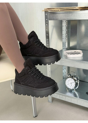 Зимние женские ботинки черные натуральная замша барашек на высокой подошве платформе хайтопы теплые на меху сникерсы No Brand