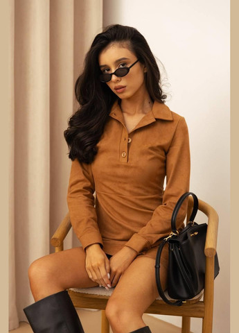 Світло-коричнева повсякденний сукня жіноча - стильна mini з коміром поло JUGO однотонна