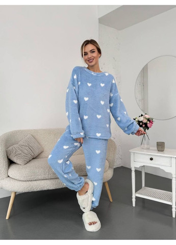 Блакитна зимня жіночий теплий домашній костюм у серці Fashion