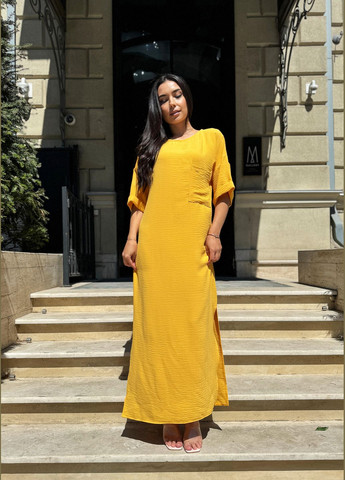 Желтое повседневный, пляжное летнее яркое желтое длинное платье оверсайз INNOE однотонное