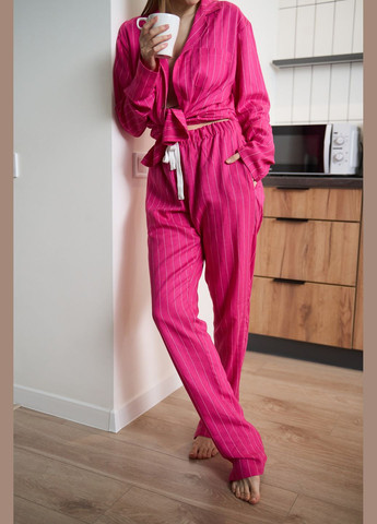 Рожева всесезон піжама жіноча у смужку льон рожева рубашка + брюки Handy Wear Linen Strip
