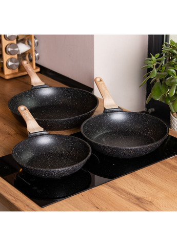 Набір з 3 алюмінієвих сковорідок з товстим дном Чорний HP-4-410B (A-033024) MGC (342759136)