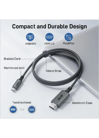 Кабель OCD245 USB-C → HDMI 2.0, 4K@60Hz, 2 м - высокоскоростной, оплетенный, совместимый с Thunderbolt 3/4 Acer (388579611)