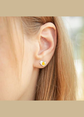 Серьги серебряные пусеты Птички с голубым и желтым сердечком с эмалью Каштан (342334965)