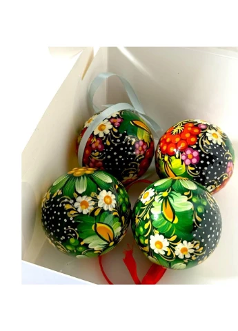 Комплект новорічних куль (6 см - 4 шт) з петриківським розписом, подарункова коробка в комплекті Україна ТД (386266706)