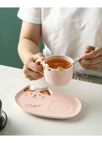 Чашка з блюдцем та ложкою Cute kitty 14850 200 мл рожева No Brand (336148271)