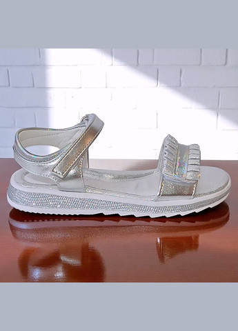 Серебряные открытые босоножки для девочки нарядные сандалии на липучках клиби Clibee