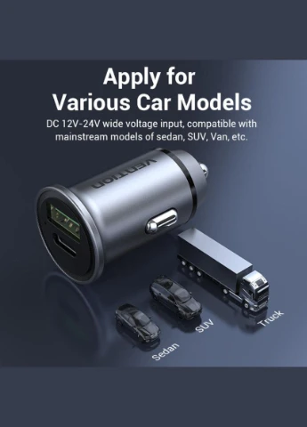 Автомобільний зарядний пристрій TwoPort USB A+C(18/20) Car Charger Gray Mini Style Aluminium Alloy Vention (299722500)