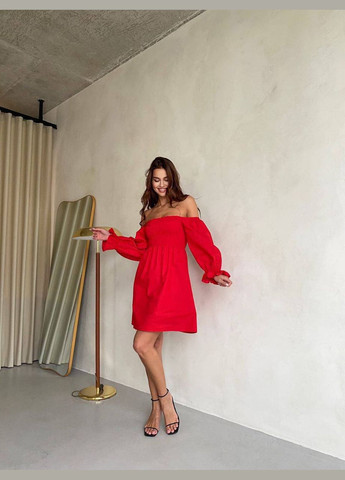 Красное повседневный льняное платье мини с открытыми плечами с открытыми плечами MonCher