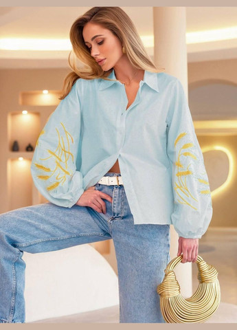 Голубая женская вышиванка, рубашка с золотыми вышитыми колосьями S M L(42 44 46) No Brand (290282230)
