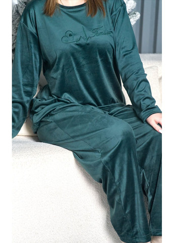 Зеленая зимняя теплая батальна женская пижама из велюра, турция кофта + брюки Asel