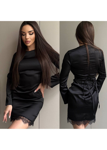 Черное платье женское шелковое с кружевом, на спине на затяжках. праздничное платье No Brand