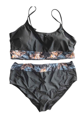 Темно-серый летний женский купальник раздельный черный с туникой-халатом тропический принт раздельный No Brand 4413