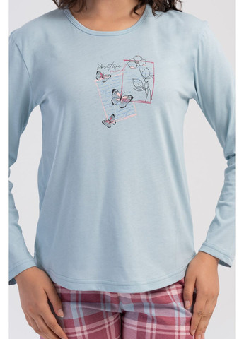 Блакитна всесезон піжама бавовняна жіноча (кофта, штани) лонгслів + брюки Vienetta