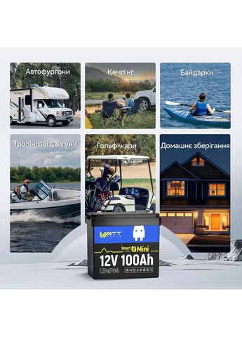 Акумулятор LiFePO4 12V(12.8/100Ah/1280Wh) (WT12V100AH100MINIBT) [164623] WattCycle (401544666)