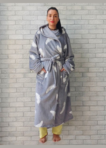 Женский длинный теплый халат большого размера вельсофт махра, зимний батал с капюшоном и карманами на запах под пояс No Brand (315517602)