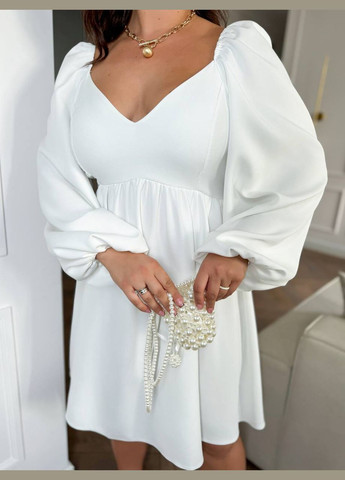 Білий святковий, коктейльна, вечірня жіноча міді сукня з пишними рукавами кльош Avanti однотонна