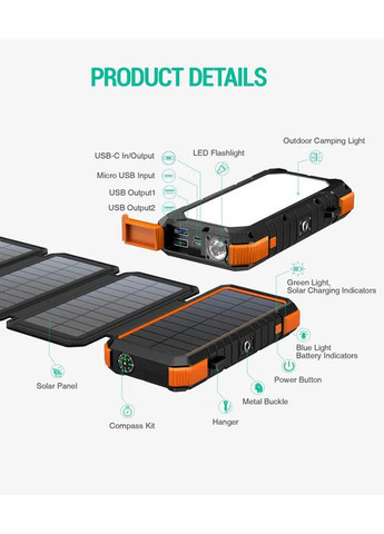 Павербанк Solar PN-W12Pro 20000mAh 18W, с солнечной панелью и фонариком Blavor (372019490)