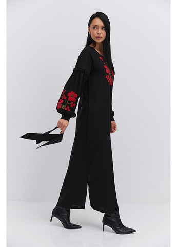 Чорна довге плаття-вишиванка бежеве з червоними маками хрестиком Arjen льон (297577579)