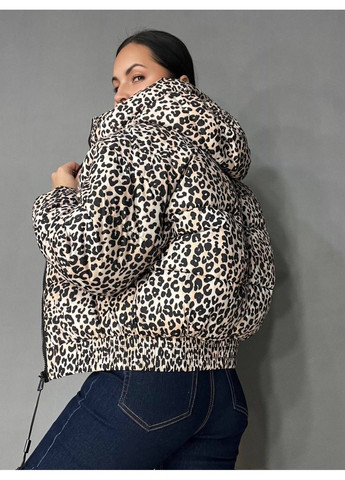 Бежева демісезонна куртка жіноча 9006 коротка з капюшоном леопардовий принт на резинці демісезонна бежева Lady yep