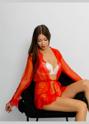 Халат Сабрина короткий полупрозрачный с кружевом соблазнительный трусики в комплекте No Brand Халат короткий Сабріна білий (342121881)