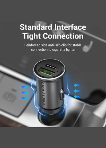Автомобільний зарядний пристрій TwoPort USB A+C(18/20) Car Charger Gray Mini Style Aluminium Alloy Vention (299722500)