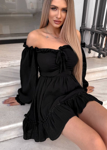 Черное повседневный мини платье с открытой спинкой с открытыми плечами Україна однотонное