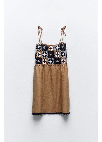Коричнева коротка лляна сукня з в’язаною гачком вставкою Zara