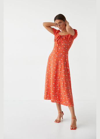 Терракотовое повседневный летнее платье-миди с завязками на груди 036 Lurex с цветочным принтом