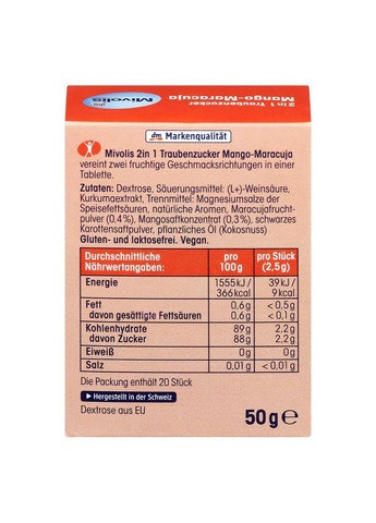 Декстроза Traubenzucker 2in1 зі смаком Манго-Маракуя, 50 г, від DM Mivolis (360655086)