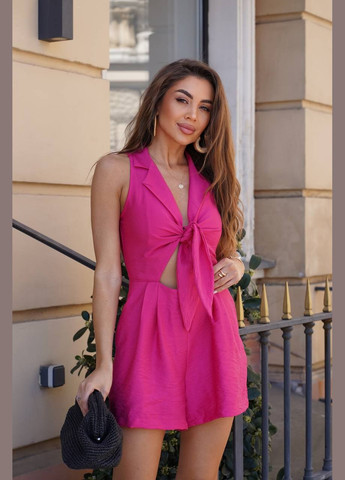 Женский комбинезон Україна комбинезон-шорты малиновый коктейльный, деловой, повседневный, кэжуал, вечерний лен