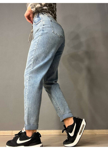 Джинсы женские 10029 МОМ талия на резинке со шнурком стрейчевые увеличенные голубые I8 - (316116118)