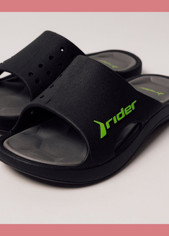 Черные пляжные шлепанцы мужские перфорированные черно-зеленые резина Rider
