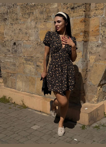 Чорна повсякденний, кежуал жіноча сукня в квіточку а-силует, з корсетом No Brand з квітковим принтом