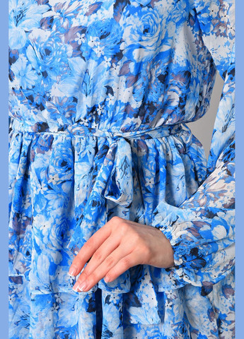 Голубое кэжуал платье женское шифоновое голубого цвета с цветочным принтом баллон Let's Shop с цветочным принтом