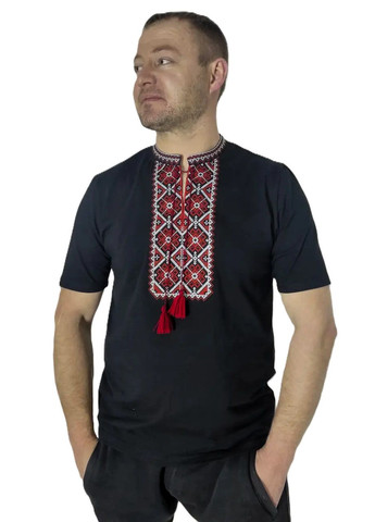 Чёрная мужская вышитая футболка вышиванка черная на завязках НоКо узор орнамент свободная, прямой хлопок, эластан (314510365)