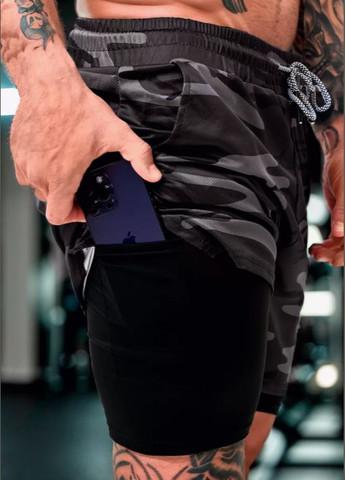 Мужские спортивные двойные шорты с тайтсами с петелькой для полотенца камуфляж серый No Brand (348317807)